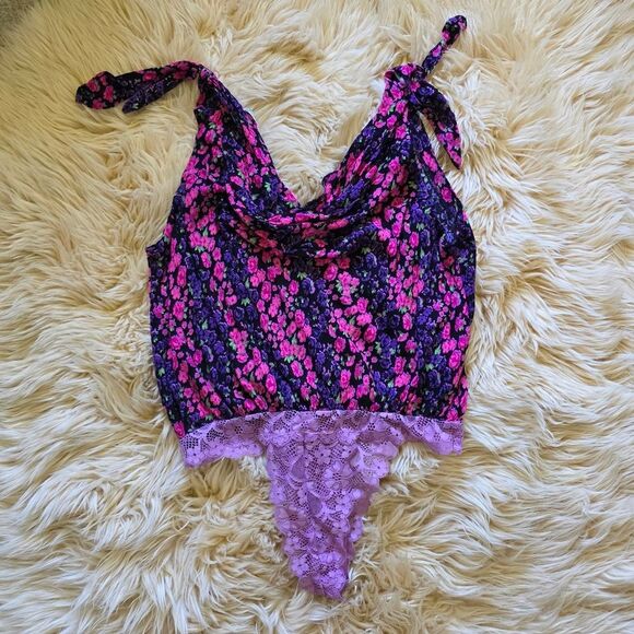 Free People Bare It All Pink And Purple Floral Bodysuit Large - Picture 3 of 7